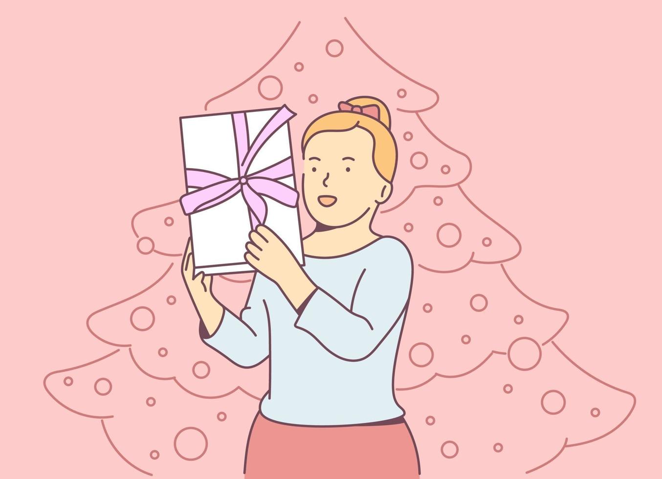 concept de Noël ou du nouvel an. jeune fille blonde joyeuse tenant une boîte-cadeau et se réjouit. célébration de vacances de Noël, tradition de la saison d'hiver. vecteur