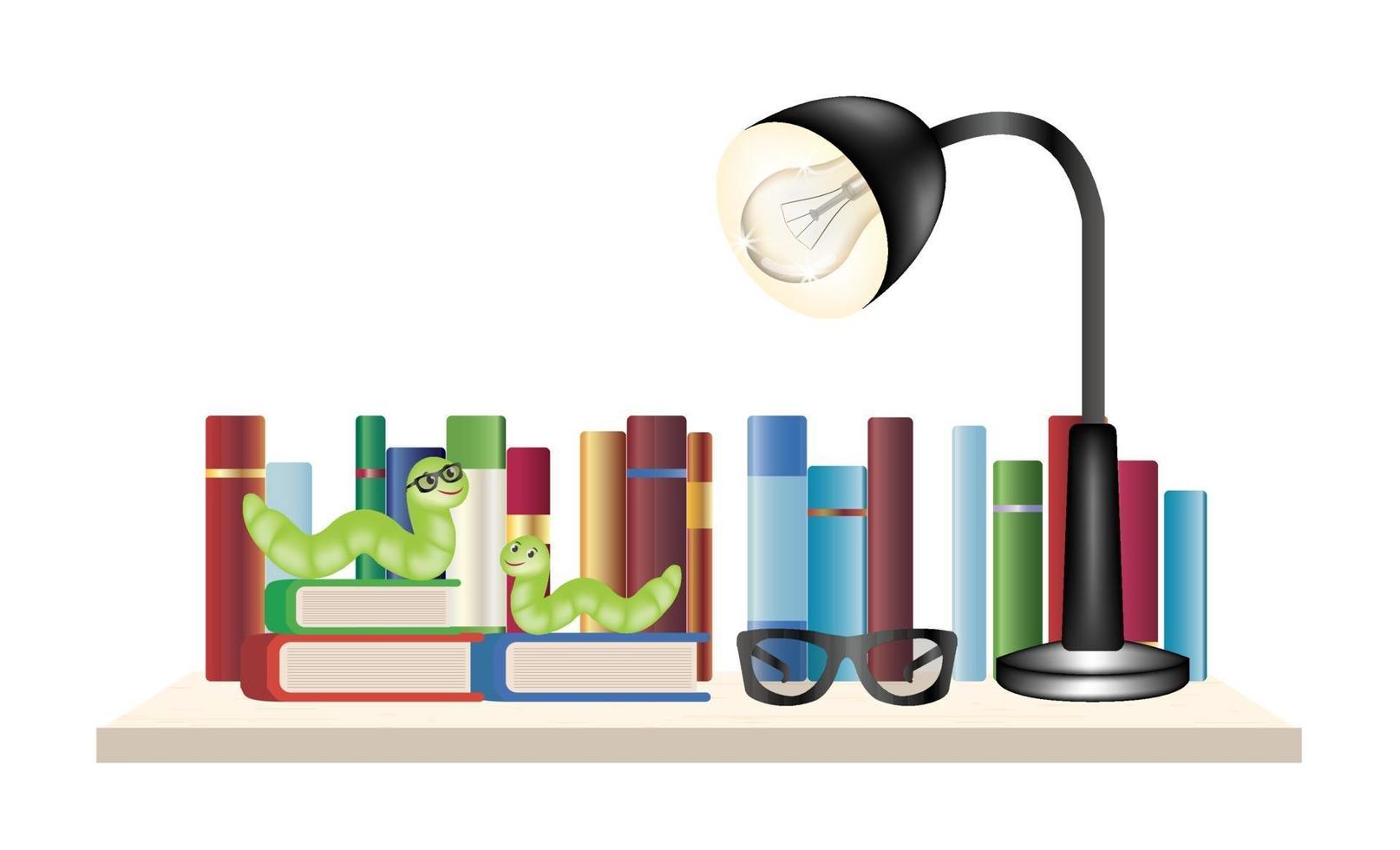 Vers de livre sur une étagère à livres avec des livres, des lunettes de lecture et une lampe de lecture vecteur