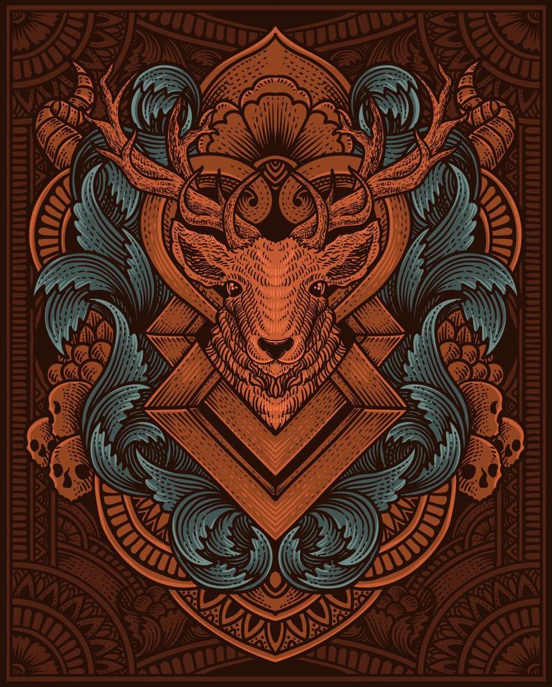 illustration cerf tête avec antique gravure ornement style bien pour votre marchandise dan t chemise vecteur