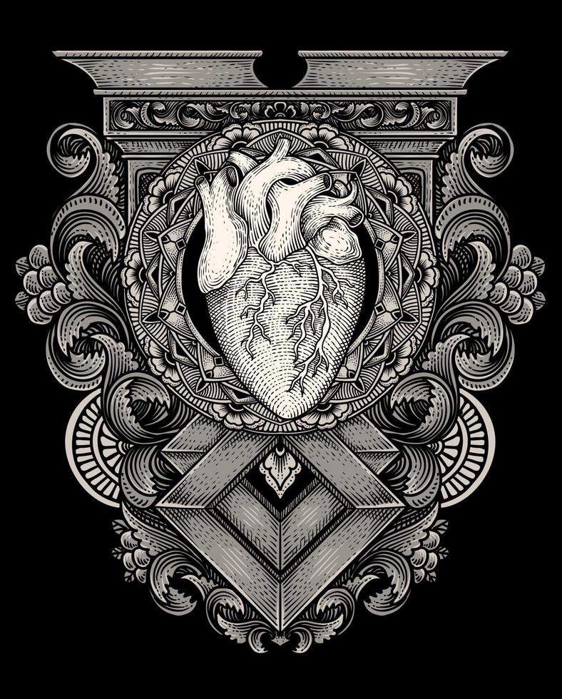 illustration vecteur antique cœur avec ancien gravure ornement dans retour parfait pour votre marchandise et t chemise