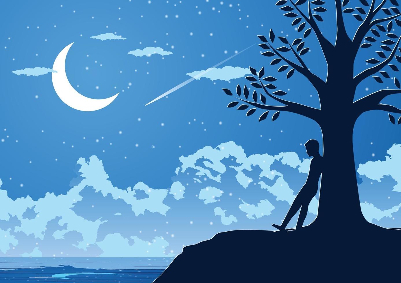 conception de la silhouette de l'homme solitaire dans la nuit silencieuse au bord de la rivière vecteur