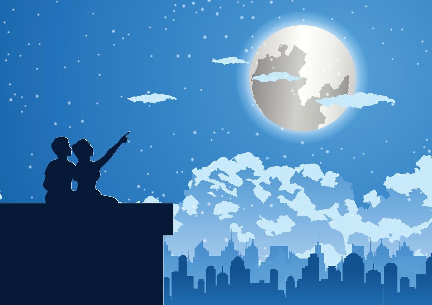 conception de la silhouette du couple au sommet du bâtiment pour regarder les étoiles vecteur