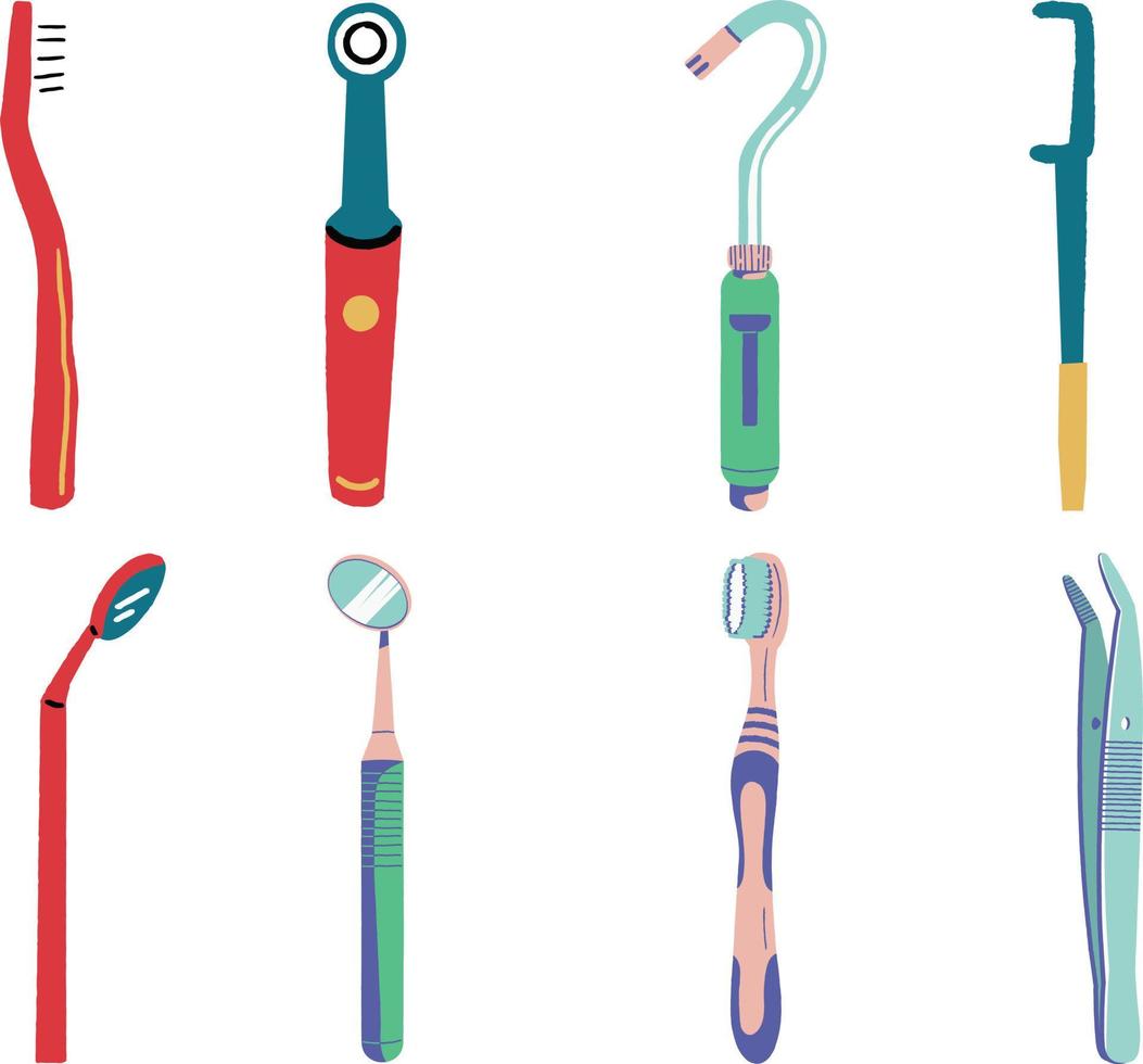 dentaire outils ensemble. brosse à dents, dentifrice, dentaire soie, pince à épiler, plat vecteur illustration