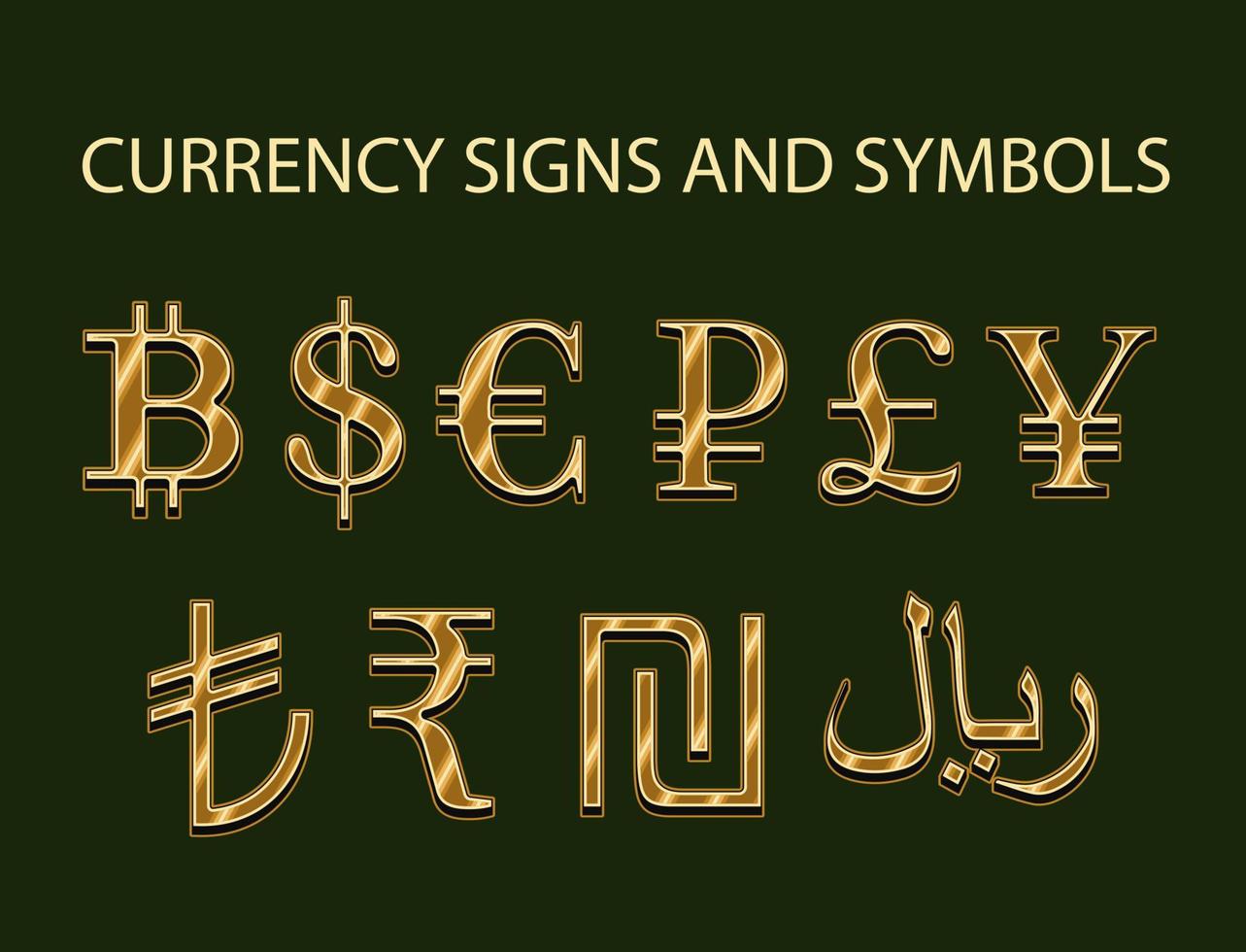 ensemble avec or symboles, panneaux de devises. nous dollar, euro, livre sterling, rouble, yen, bitcoins, rial, sicle, roupie et lire dans ancien style. vecteur