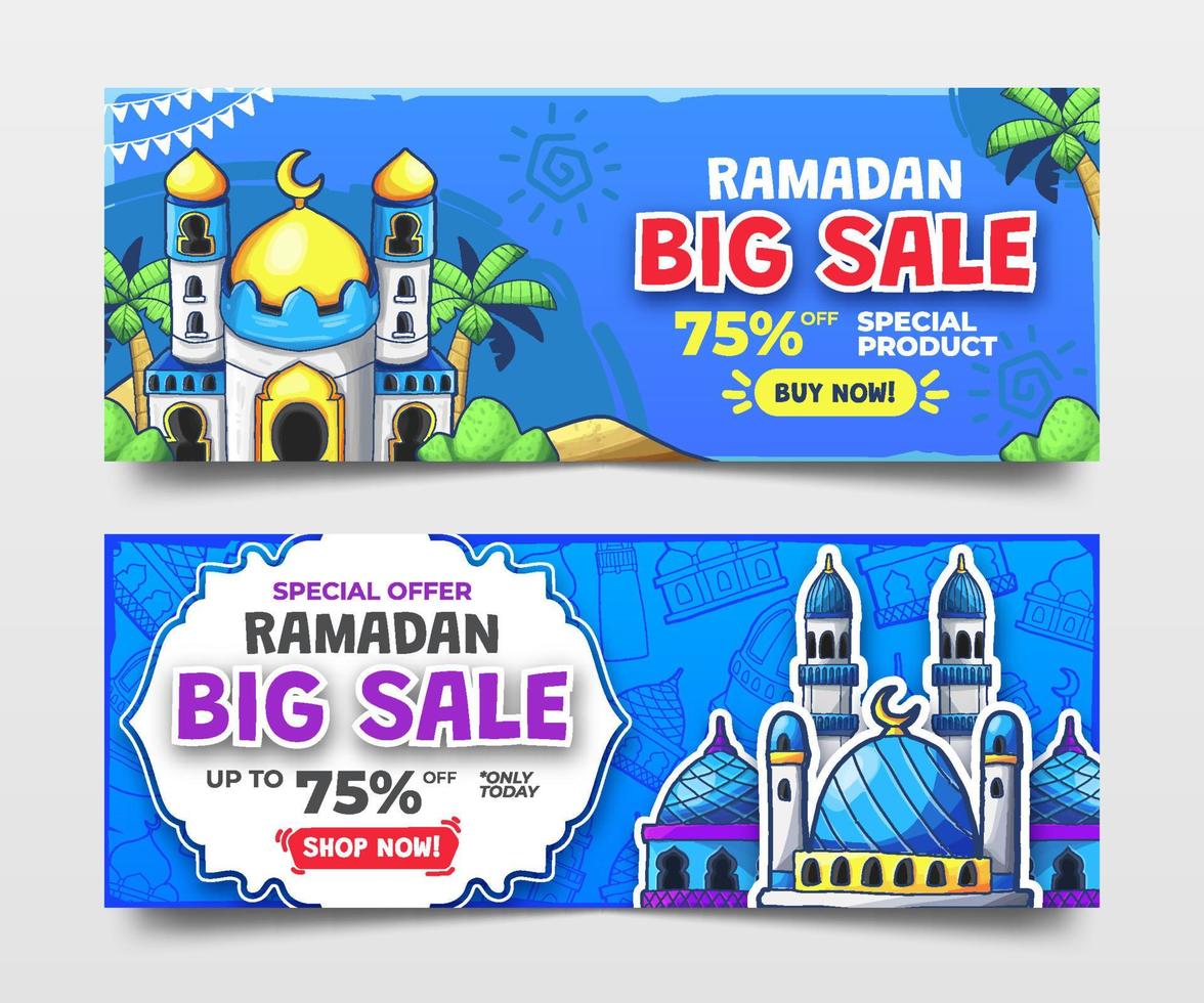 bleu Ramadan vente bannières avec main tiré mosquées illustration vecteur