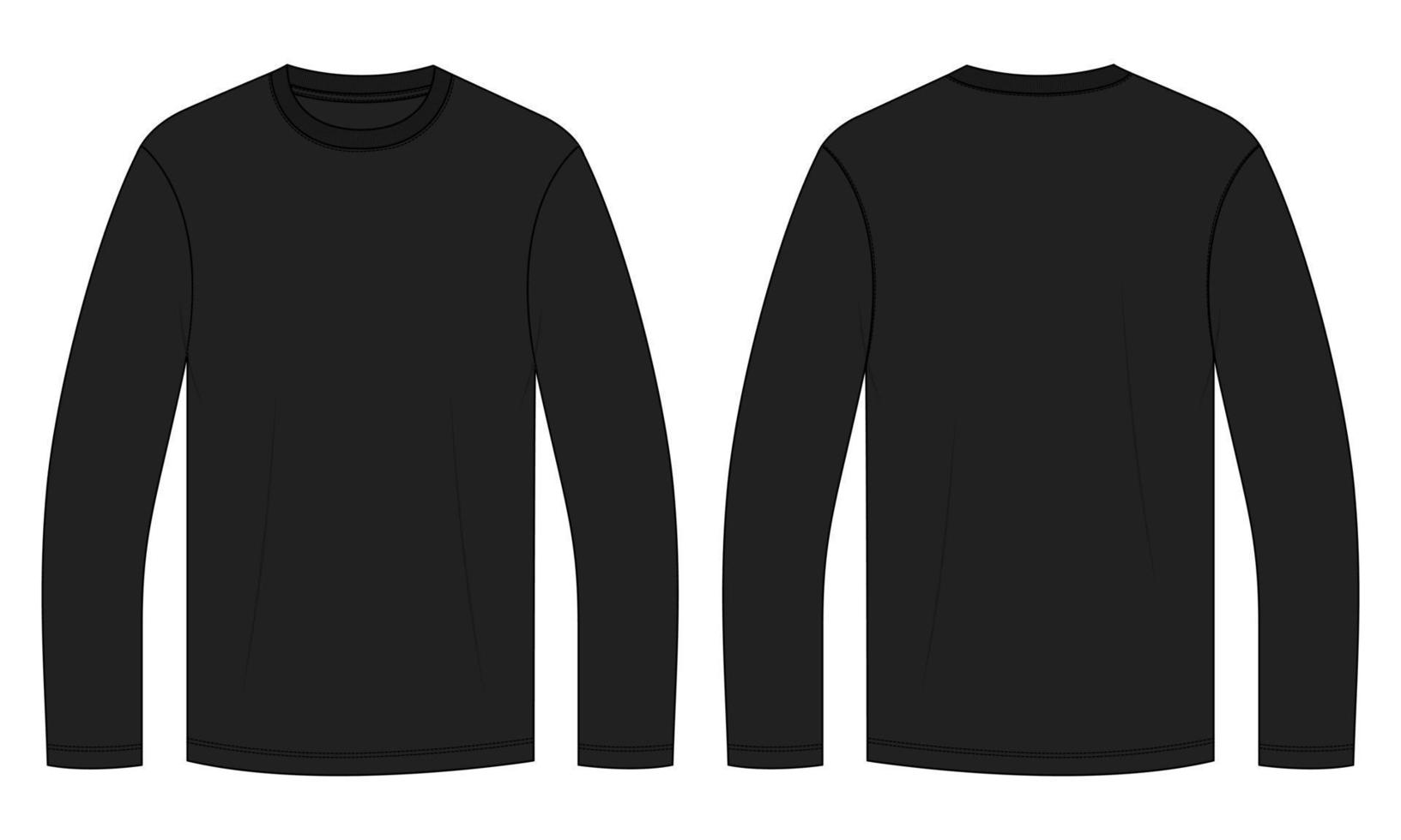 longue manche t chemise technique mode plat esquisser vecteur illustration noir Couleur modèle de face et retour vues.