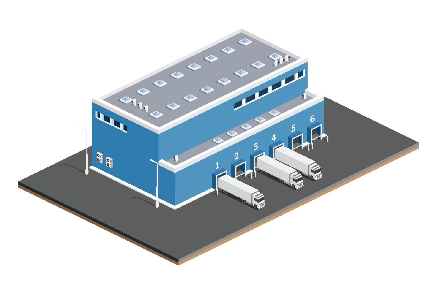isométrique Distribution la logistique centre. entrepôt espace de rangement installations avec camions isolé sur blanc Contexte. vecteur