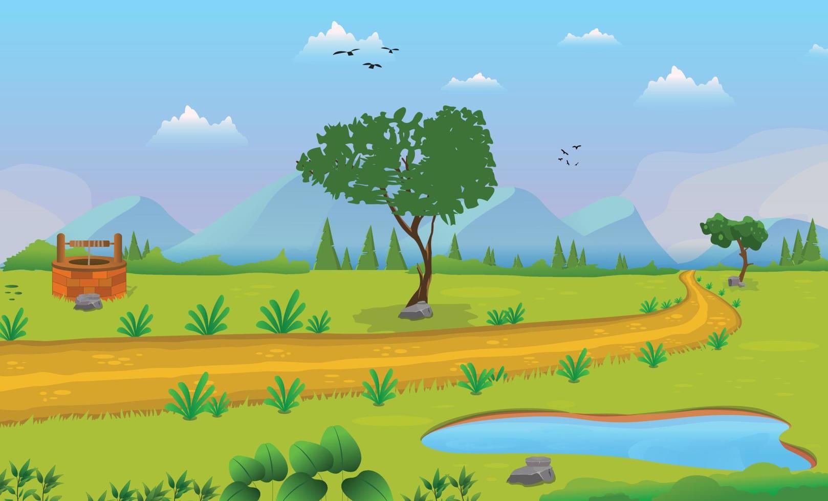 vecteur illustration de une magnifique Naturel paysage dessin animé Contexte avec lac, des arbres.
