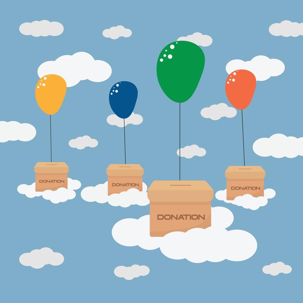 faire un don papier carton boîte avec signe don mouche avec coloré des ballons dans le ciel. falt illustration vecteur