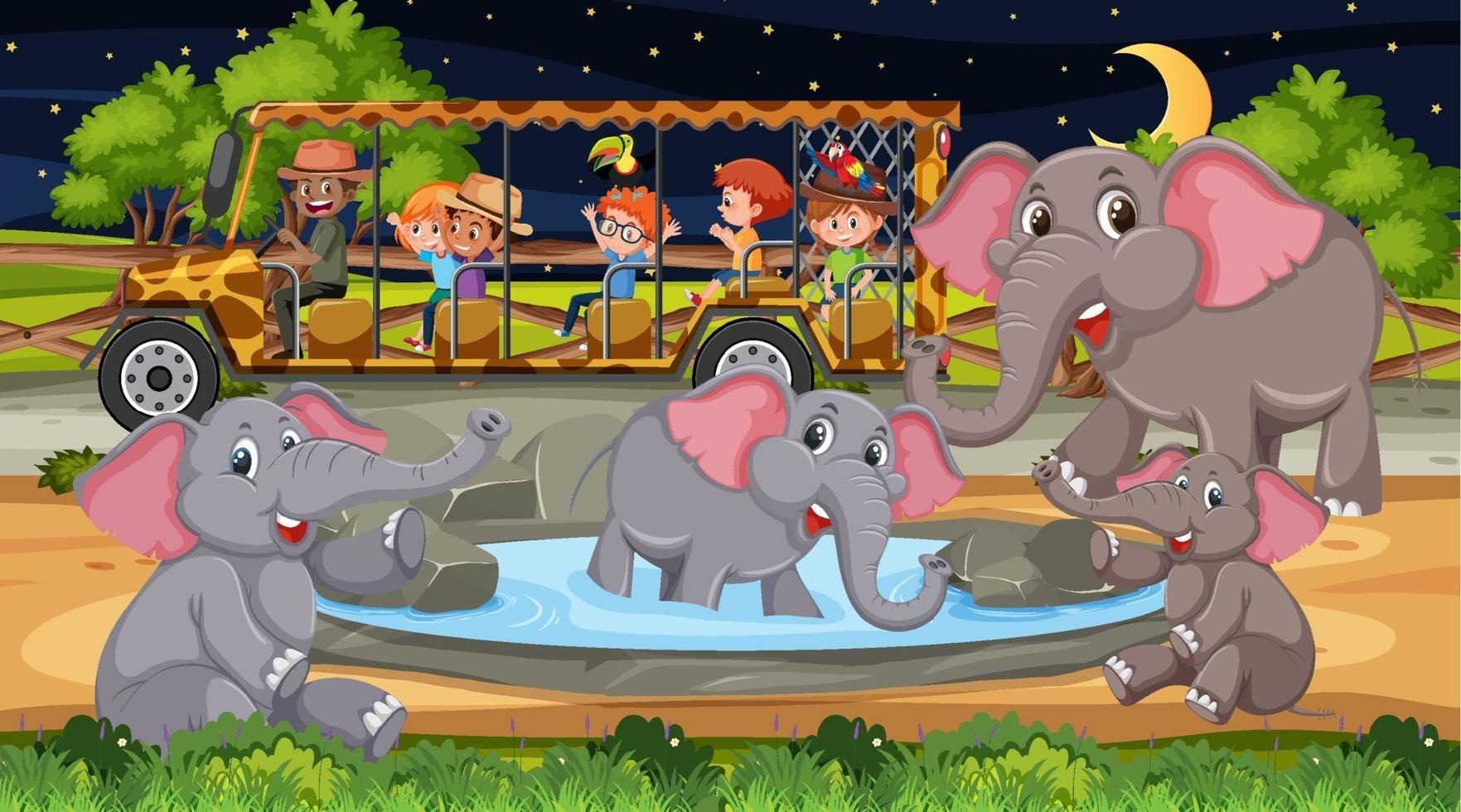 Groupe d & # 39; éléphants en scène de safari avec des enfants dans la voiture de tourisme vecteur