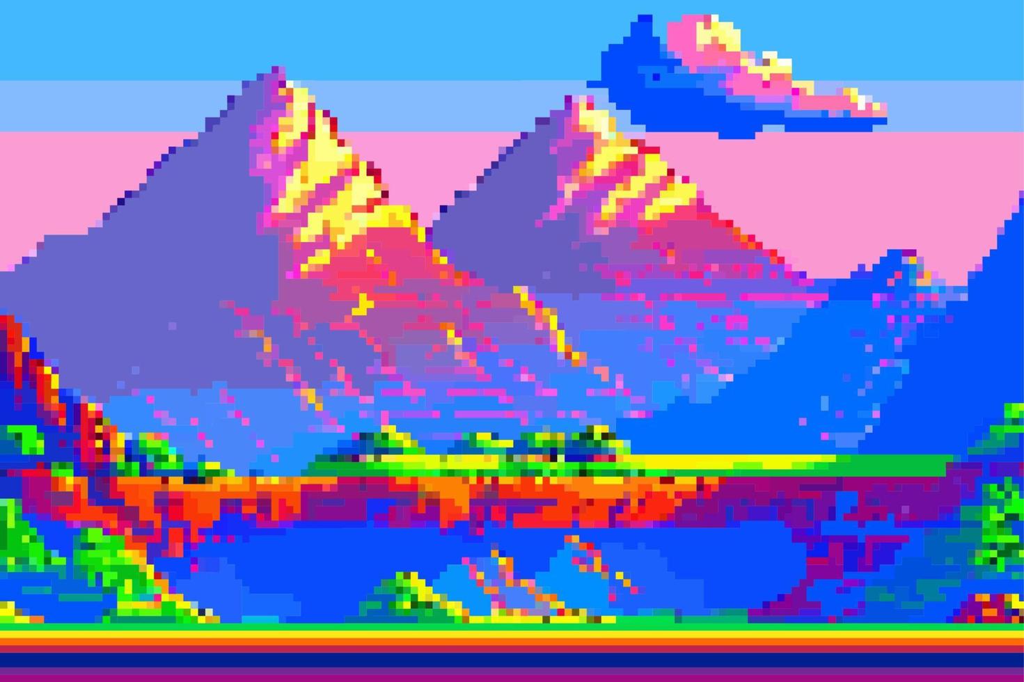 paysage 8 bits pixel art. été Naturel paysage Montagne paysage arcade vidéo Jeu Contexte vecteur