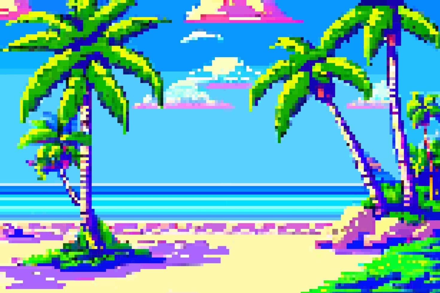 paysage 8 bits pixel art. été Naturel paysage. été océan plage, paysage arcade vidéo Jeu Contexte vecteur