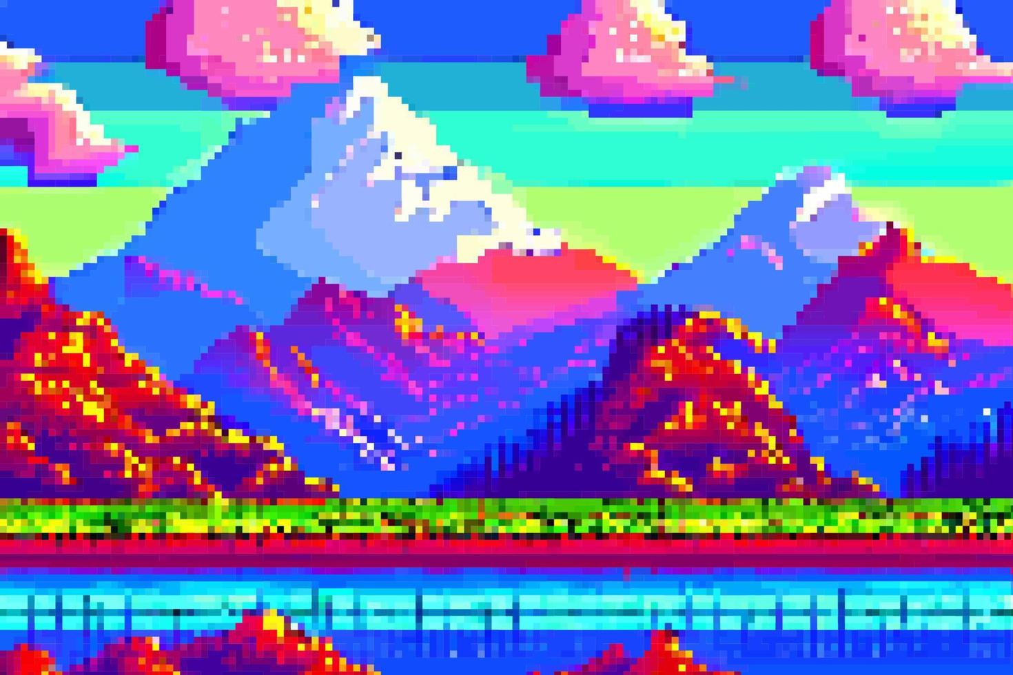 paysage 8 bits pixel art. été Naturel paysage Montagne paysage arcade vidéo Jeu Contexte vecteur