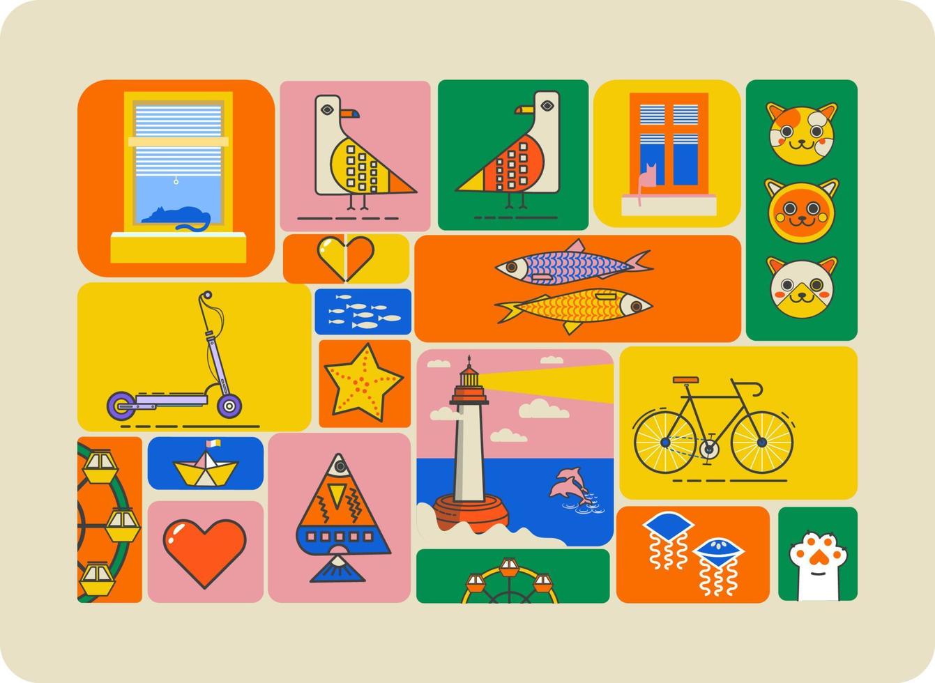 Marin patchwork. grand collection de Icônes avec chats, vélo, scooter, poisson, méduse et une phare avec dauphins. meilleur comme une carte postale. vecteur illustration