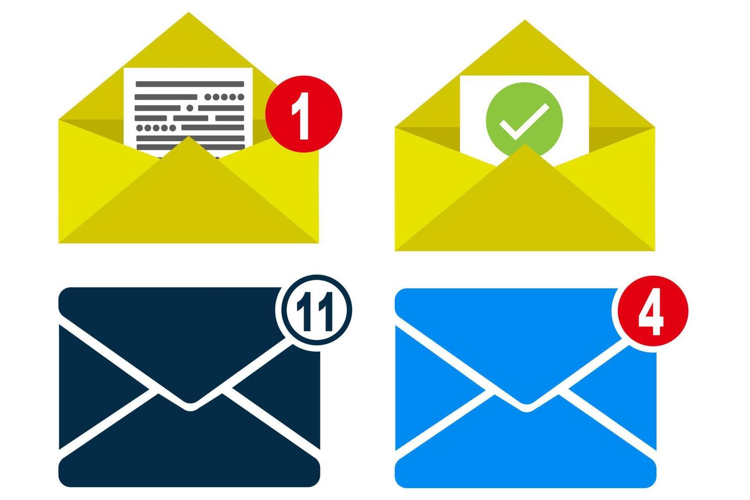 Nouveau entrant messages avec notification ensemble. ouvert courrier enveloppe avec entrant message. non ouvert non lu message notification alerte rappel. email message expédié avec succès. non lu email notification. vecteur