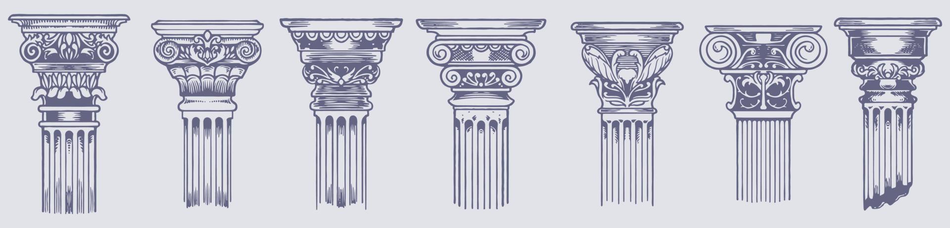 ancien grec Colonnes - ancien esquisser des illustrations ensemble pour rétro vecteur