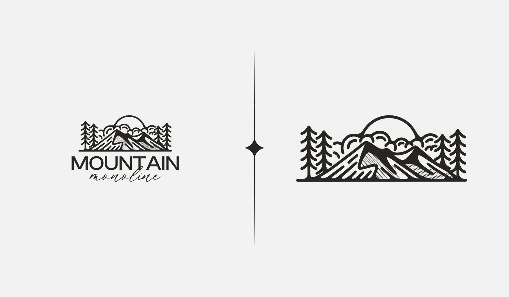 Montagne colline Haut Soleil des rayons monoligne. universel Créatif prime symbole. vecteur signe icône logo modèle. vecteur illustration