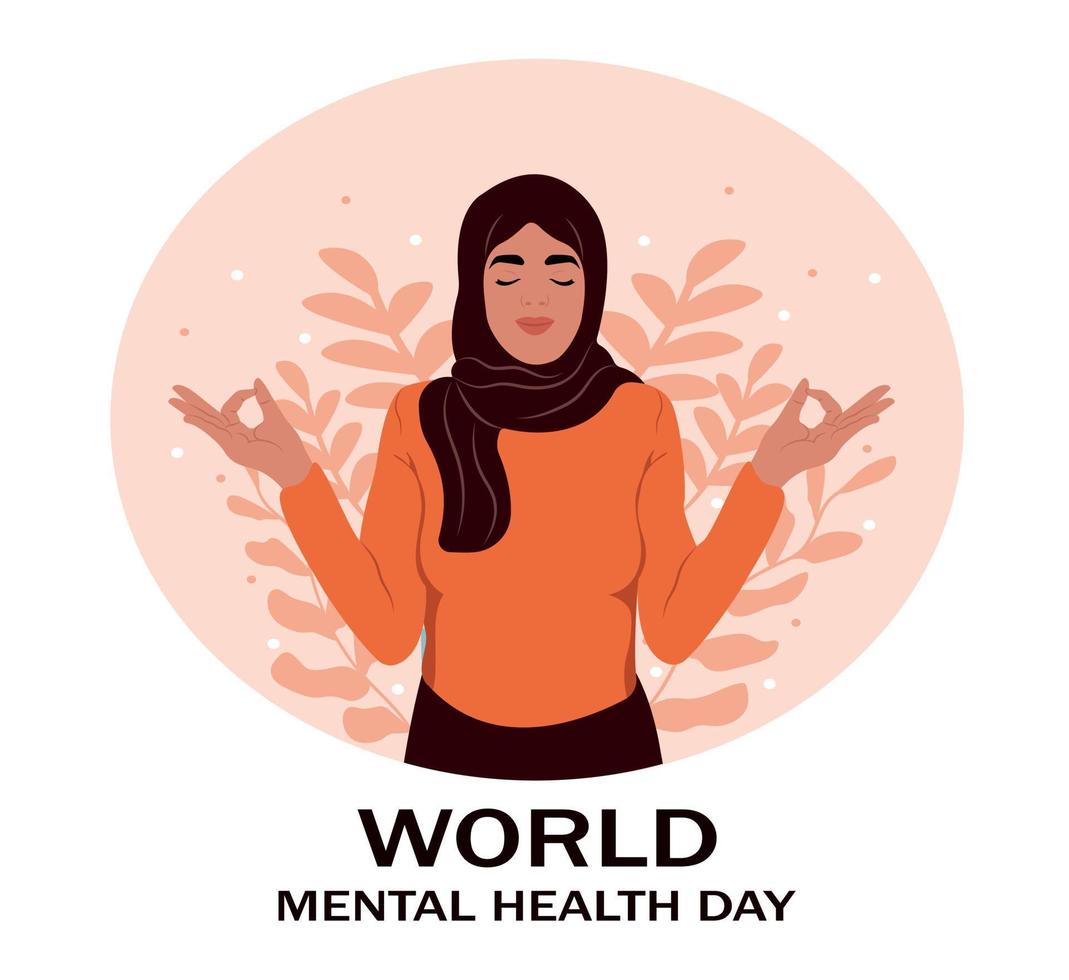 monde mental santé journée illustration. musulman femme méditer avec yeux fermé. vecteur