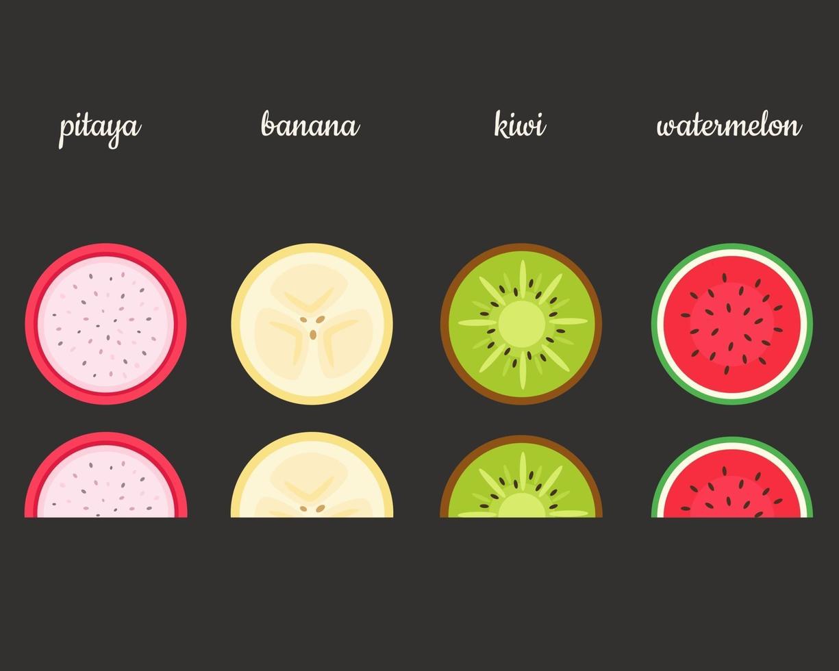 fruits exotiques pitaya, kiwi, banane, pastèque. illustration vectorielle vecteur