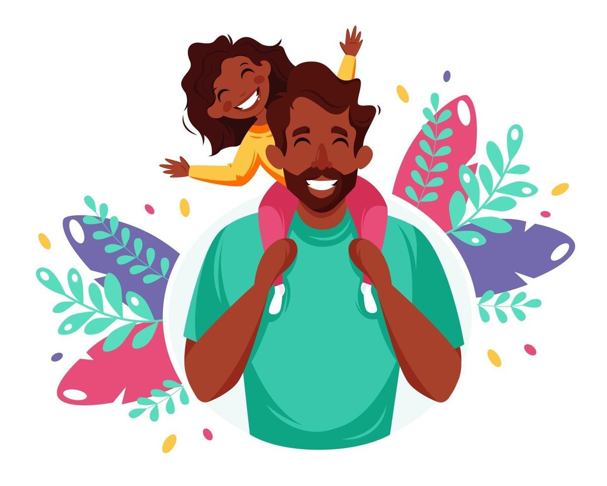 joyeuse fête des Pères. homme noir avec sa fille dans ses épaules. carte de voeux de fête des pères. illustration vectorielle vecteur