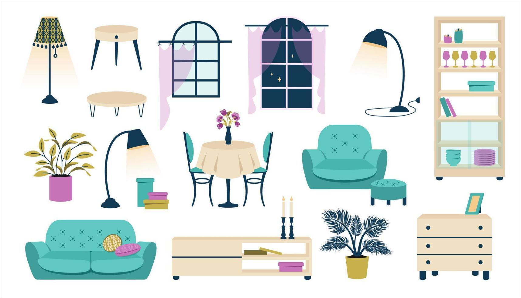 ensemble de Accueil mobilier.moderne vivant chambre. confortable maison intérieur. fauteuil, maison végétaux, canapé, café les tables, sol lampe, . branché intérieur modèle. vecteur plat dessin animé illustration