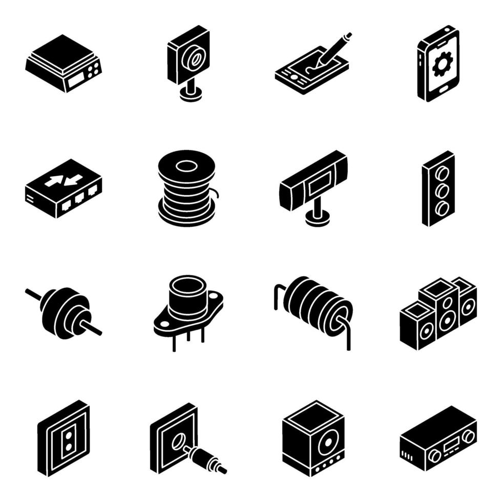 jeu d'icônes isométrique du système audio et des diodes de batterie vecteur