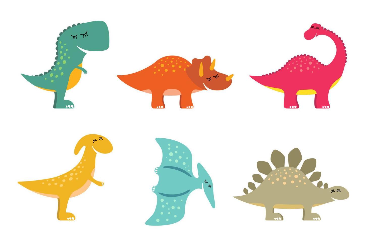 mignonne coloré dino ensemble. gentil souriant dinosaure collection. dessin animé graphique brontosaure, tyrannosaure rex, ptérodactyle, tricératops, stégosaure et parasaurolophus conception. Créatif main tiré impressions vecteur