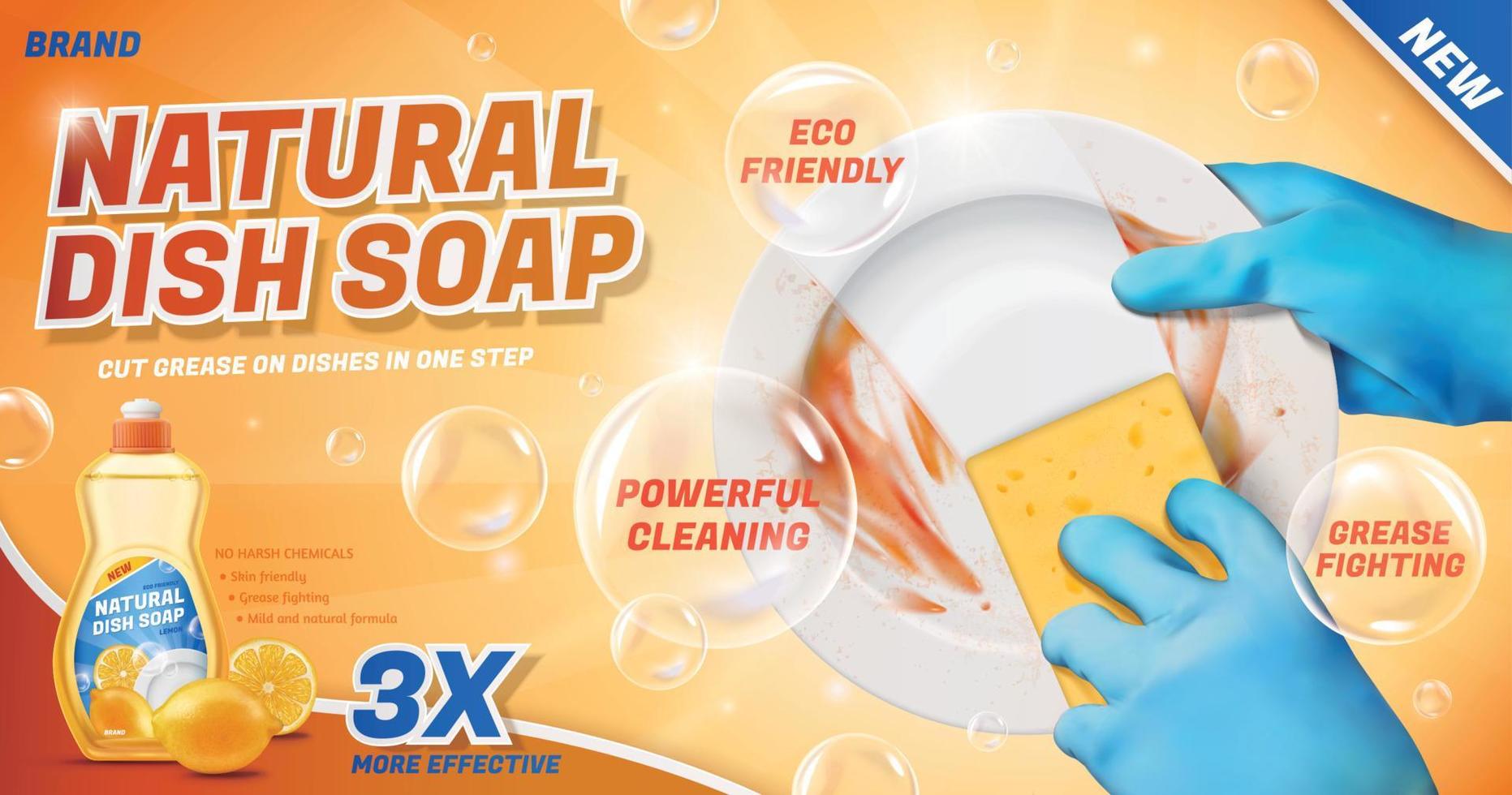 un d modèle pour Naturel plat savon, avec mains dans bleu gants en utilisant éponge à laver sale plat, 3d illustration vecteur