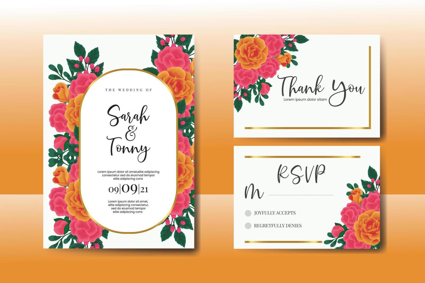 mariage invitation Cadre ensemble, floral aquarelle numérique main tiré Orange Rose fleur conception invitation carte modèle vecteur