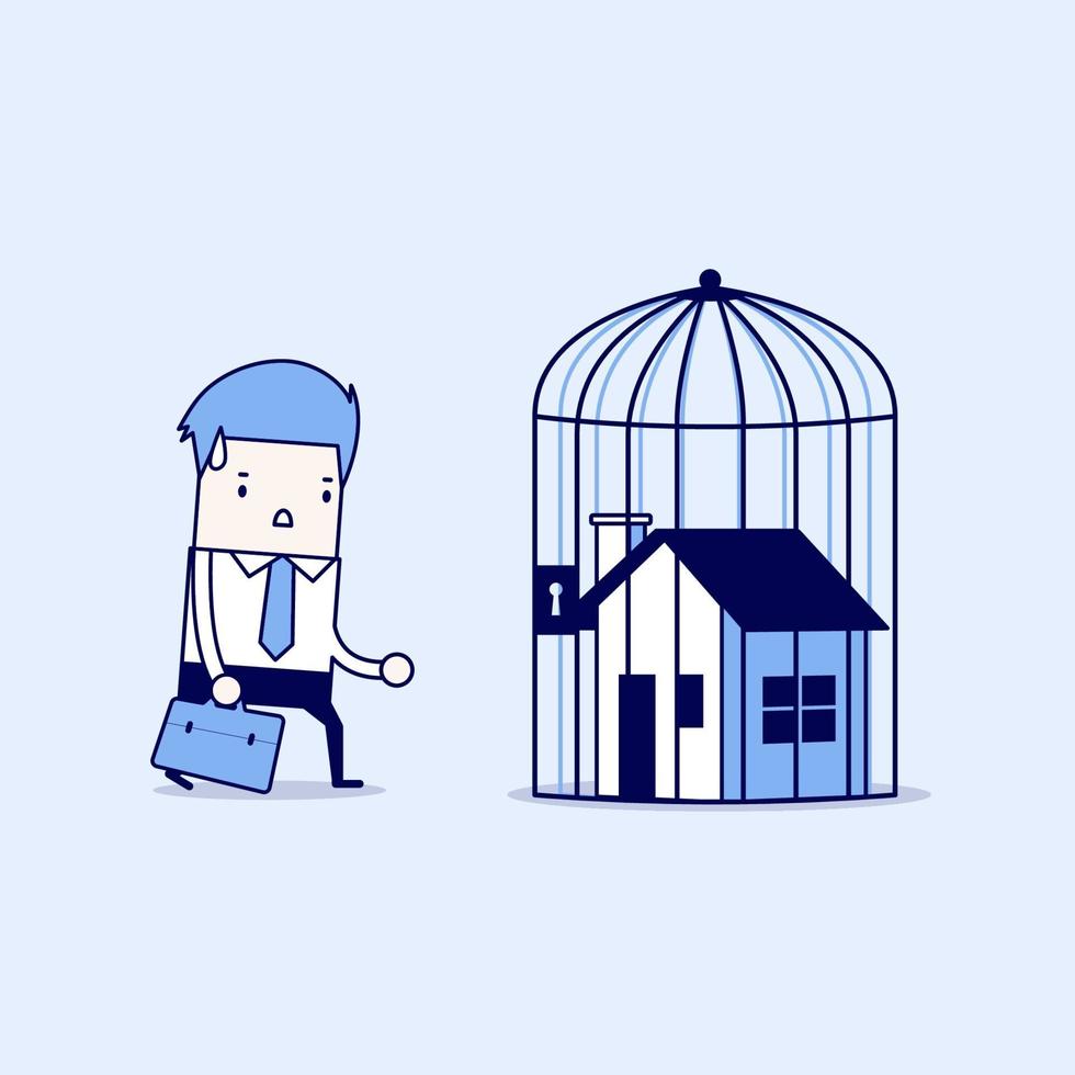 homme d'affaires avec maison verrouillée à l'intérieur d'une cage, forclusion à domicile. vecteur