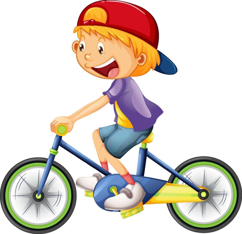 Un garçon monté sur un personnage de dessin animé de vélo isolé sur fond blanc vecteur