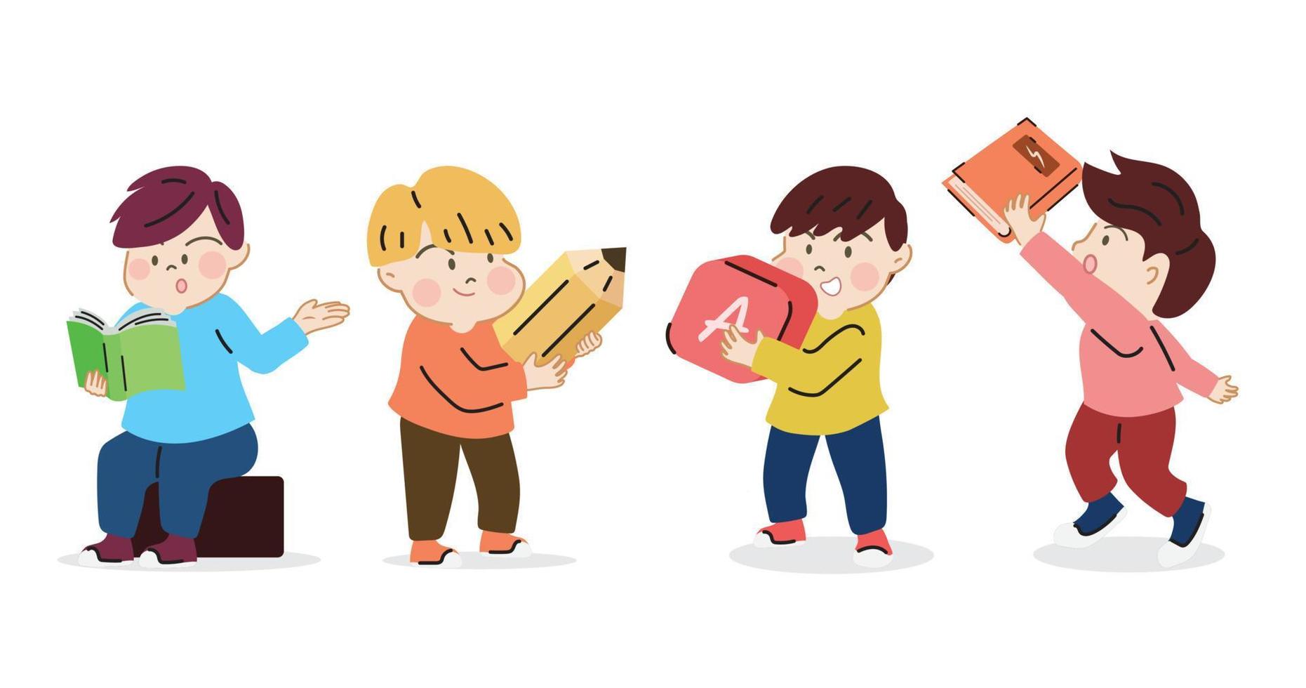 ensemble content mignonne les enfants étude en train de lire livre, en portant crayon et cube. dessin animé main tiré personnage vecteur isolé sur blanc Contexte.