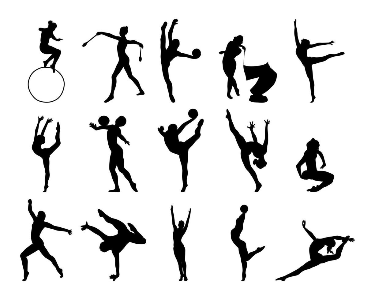 ensemble de silhouettes de gymnastes. gymnastique artistique sportive. reine du sport. style plat. vecteur isolé