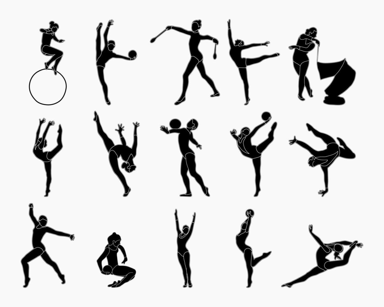 ensemble de silhouettes de gymnastes. gymnastique artistique sportive. reine du sport. style plat. vecteur isolé