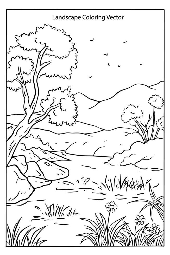 coloration page avec une paysage et une arbre et une Montagne. vecteur