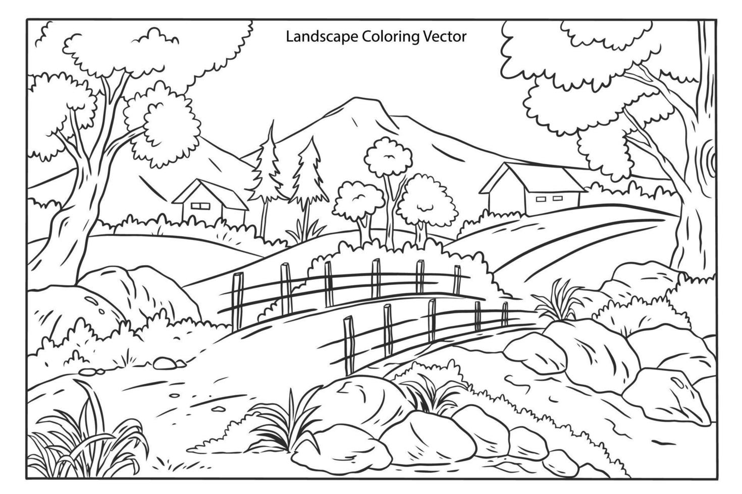 une noir et blanc dessin de une paysage avec une clôture et des arbres. vecteur