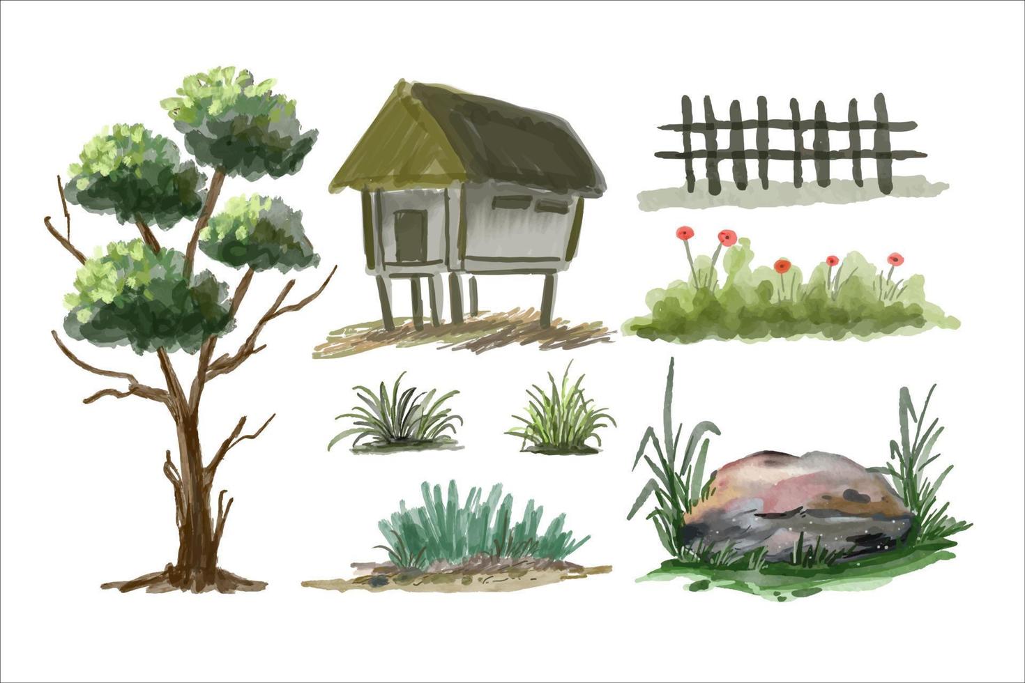 une ensemble dessin de loger, arbre, pierre et herbe vecteur