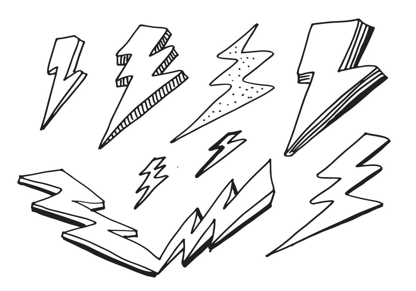 ensemble d'illustrations de croquis de symbole d'éclair électrique doodle vecteur dessinés à la main. icône de doodle de symbole de tonnerre.