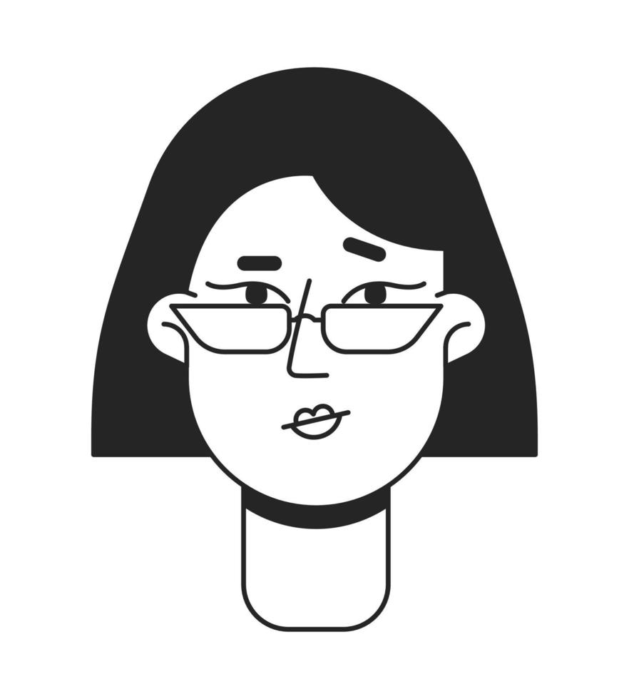 hésitant femme avec lunettes plat ligne monochromatique vecteur personnage diriger. Facile contour avatar icône. modifiable dessin animé utilisateur portrait. lineart place illustration pour la toile graphique conception et animation