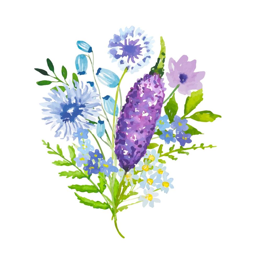 bouquets avec Prairie bleu et violet fleurs et feuilles. aquarelle vecteur