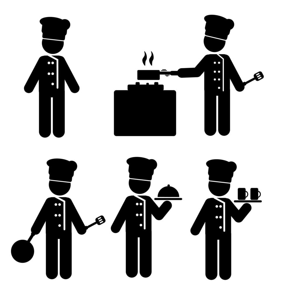 chef icône ensemble. cuisson, bâton chiffre, stickman, pictogramme. le chef est cuisine vecteur