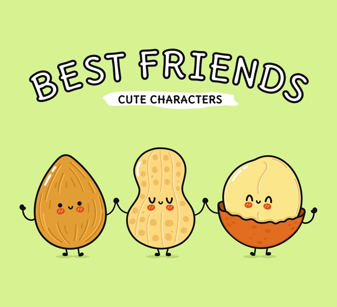 mignon, marrant content amandes, cacahuètes et macadamia. vecteur main tiré dessin animé kawaii personnages, illustration icône. marrant content dessin animé amande, cacahuète et macadamia mascotte copains concept