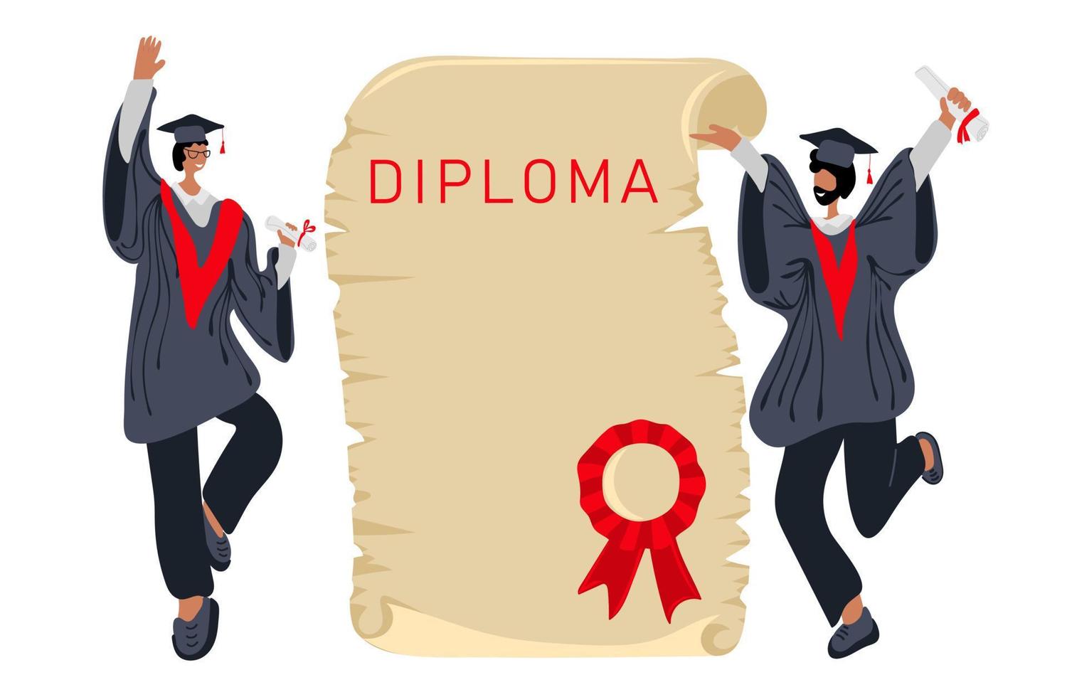 content diverse diplômés dansant dans académique robe, l'obtention du diplôme casquettes près diplôme vecteur