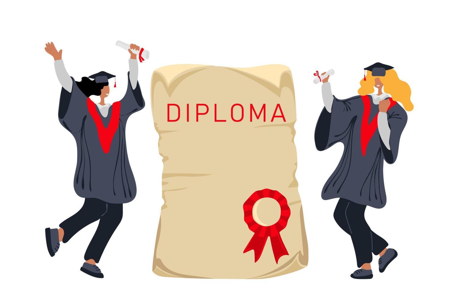 content diverse diplômés dansant dans académique robe, l'obtention du diplôme casquettes près diplôme vecteur