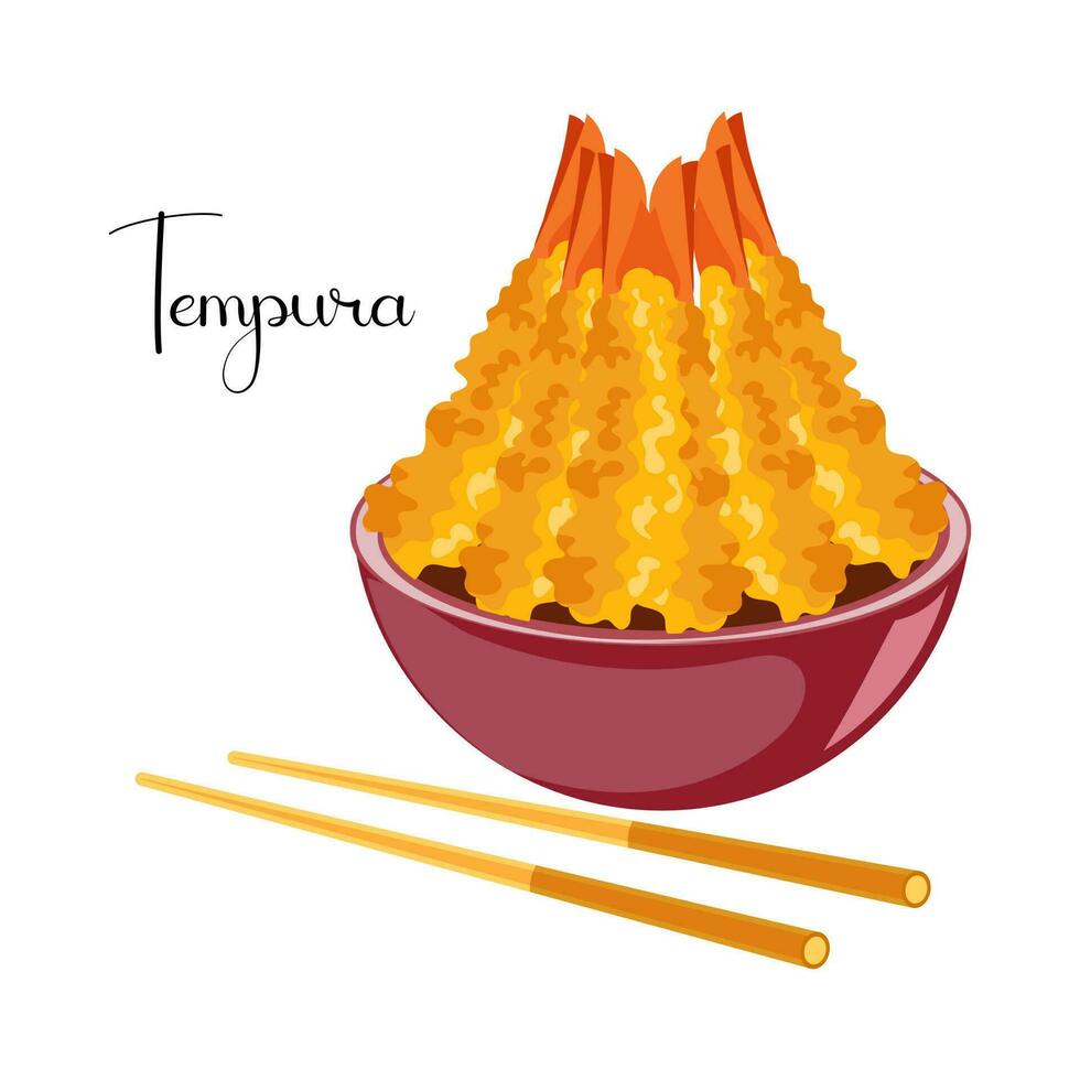 Japonais crevette tempura, frit crevette dans une bol. asiatique Fruit de mer. illustration, vecteur