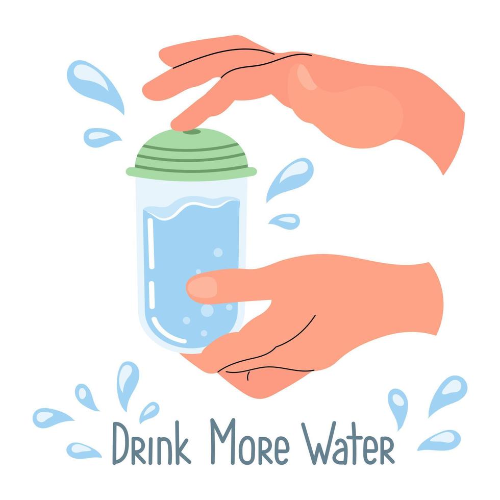 boisson plus eau, l'eau bouteille dans main. santé se soucier concept. plat style illustration, vecteur