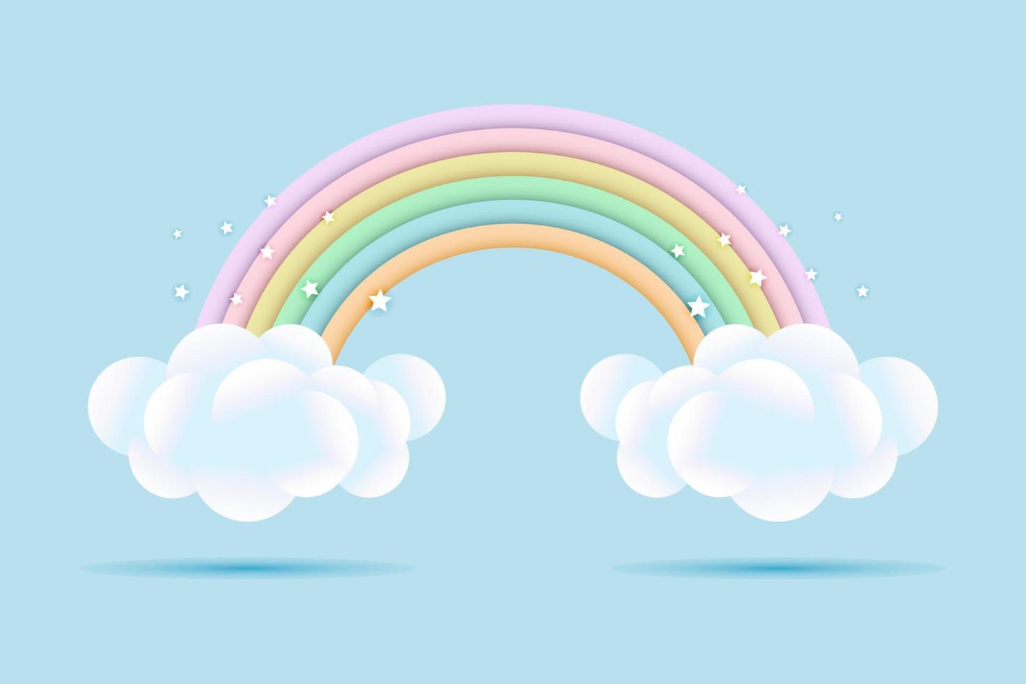 3d bébé douche, arc en ciel avec des nuages et étoiles sur une pâle bleu arrière-plan, puéril conception dans pastel couleurs. arrière-plan, illustration, vecteur. vecteur