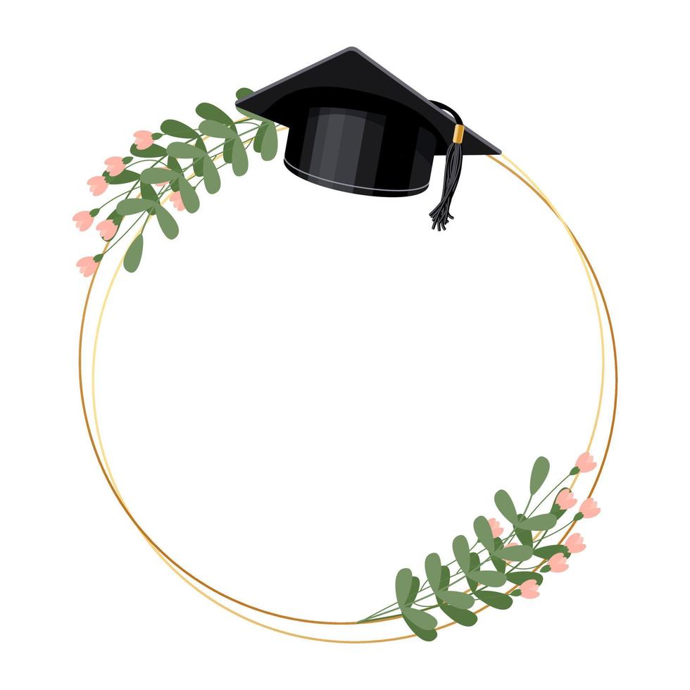 d'or Cadre avec l'obtention du diplôme casquette, certificat et fleurs. conception pour diplômé diplôme, prix. éducation concept. vecteur