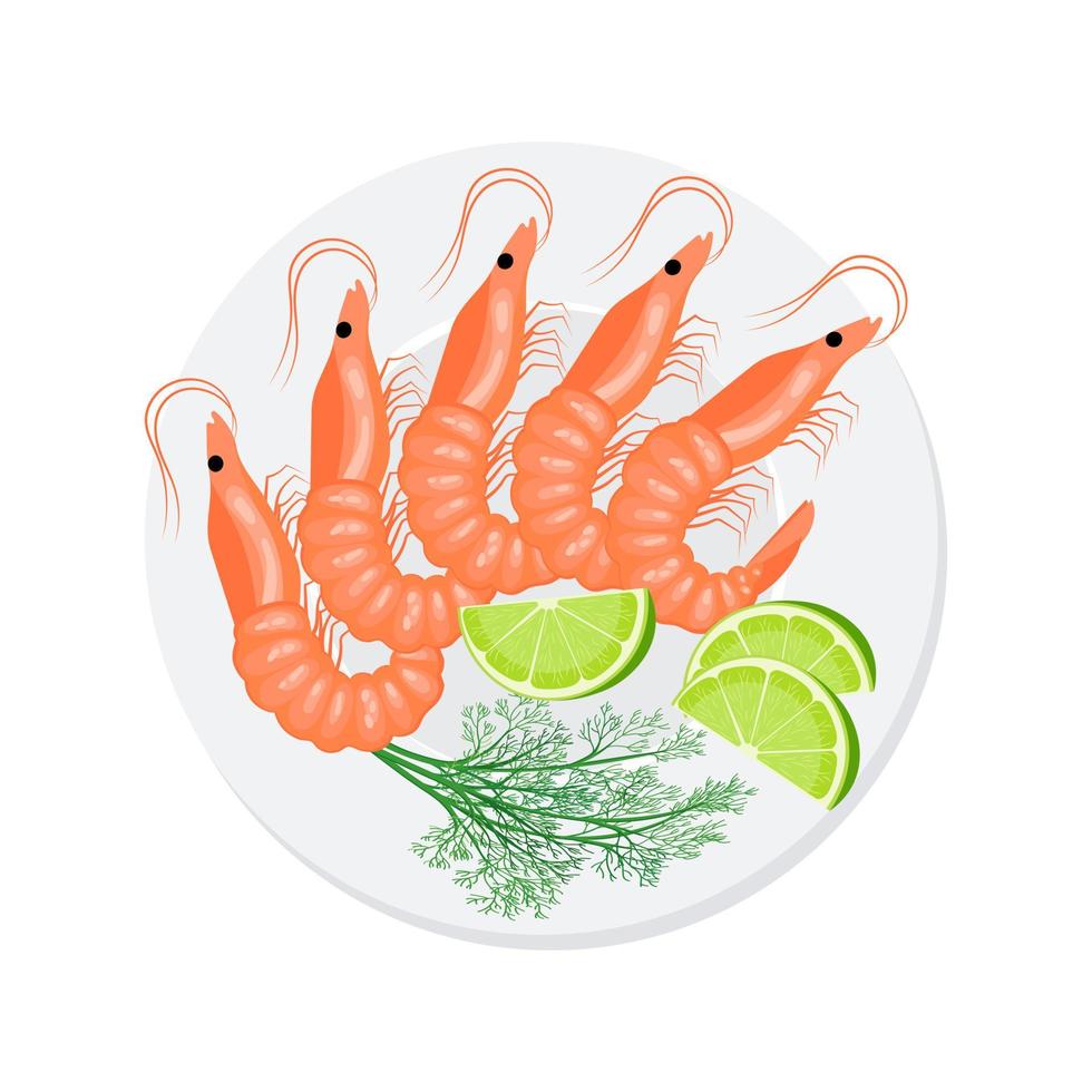 assiette avec crevettes, citrons et herbes, asiatique Fruit de mer. illustration, vecteur