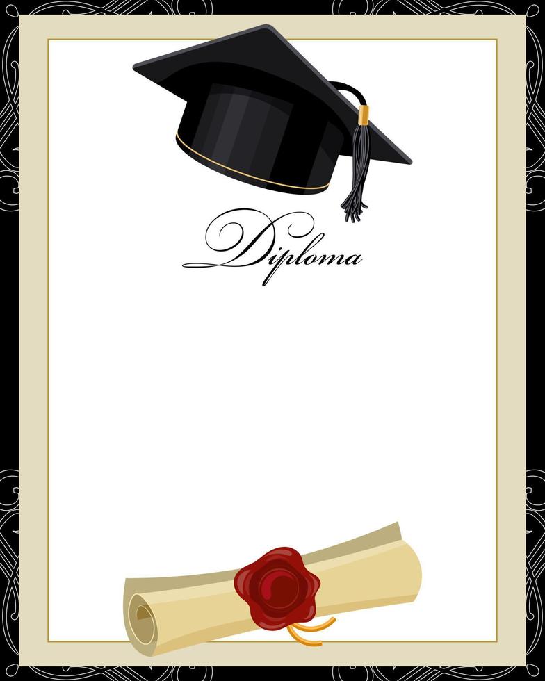 Contexte avec l'obtention du diplôme casquette et papyrus certificat. d'or noir conception pour l'obtention du diplôme diplôme, prix. éducation concept.vecteur vecteur